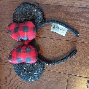 Disney Minnie mouse ears headband sparkly with red plaid bow